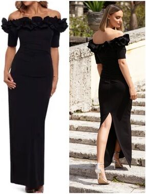 XSCAPE Ruffle Off the Shoulder Crepe Column Gown 16P Black Petite Evening